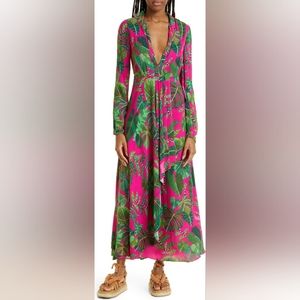 Leaves Print Long Sleeve Maxi Dress